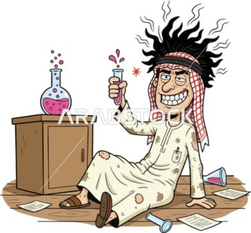 Victor is a crazy Arab scientist, laboratory explosion, scientific experiment tools, presenting various experiments, the concept of different activities and events, vector illustrator.