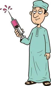 فيكتور طبيب بالزي الطبي ، ادوات الحقن سيرنك ، تقديم الخدمات للمرضى ، مفهوم الطب والرعاية الصحية، فيكتور اليستريتور.