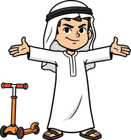 A cartoon vector of characters, a happy Emirati Gulf Arab child playing with a scooter on a sunny day, vector illustrator.
