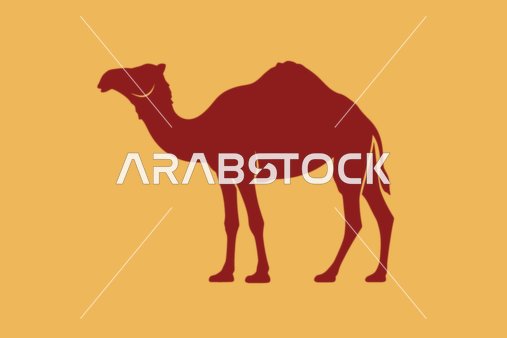 رسوم توضيحية لجمل في الصحراء, مفهوم الاهتمام والعناية بالثدييات و حيوان الجمل, وسائل النقل القديمة في المملكة العربية السعودية, خلفية برتقالي, فيكتور اليستريتور