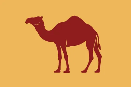 رسوم توضيحية لجمل في الصحراء, مفهوم الاهتمام والعناية بالثدييات و حيوان الجمل, وسائل النقل القديمة في المملكة العربية السعودية, خلفية برتقالي, فيكتور اليستريتور