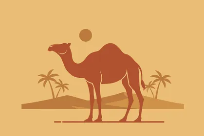 Illustrations of a camel in the desert, the concept of caring for and looking after mammals and the camel, ancient means of transportation in the Kingdom of Saudi Arabia, orange background, vector illustrator.