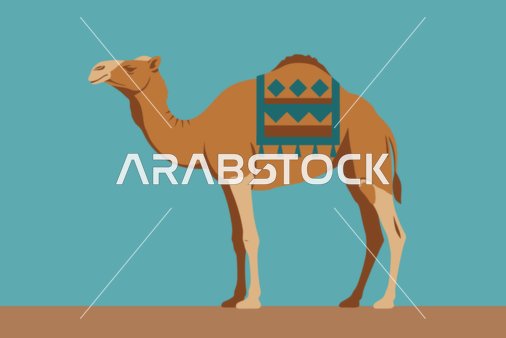 مفهوم الاهتمام والعناية بالثدييات و حيوان الجمل, رسوم توضيحية لجمل في الصحراء,  وسائل النقل القديمة في المملكة العربية السعودية, خلفية زرقاء, فيكتور اليستريتور