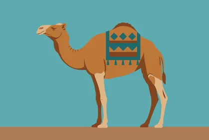 مفهوم الاهتمام والعناية بالثدييات و حيوان الجمل, رسوم توضيحية لجمل في الصحراء,  وسائل النقل القديمة في المملكة العربية السعودية, خلفية زرقاء, فيكتور اليستريتور