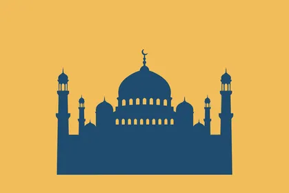 شعار رمز مكان اقامة الصلاة في المسجد, مفهوم العبادة و التقرب الى الله تعالى, قوالب تصميم اسلامية مميزة, خلفية برتقالي, فيكتور اليستريتور