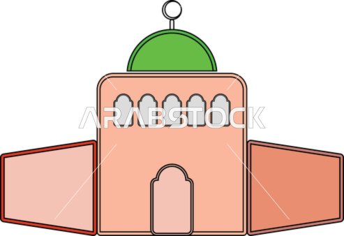 تصميم لمبنى مساجد ملون على خلفية بيضاء، رسوم و ديكورات اسلامية رمضانية, مفهوم العبادة و التقرب الى الله, الصلاة في المسجد, فيكتور اليستريتور