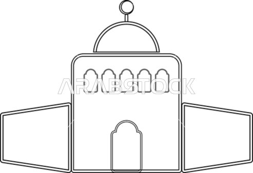 تصميم لمبنى مساجد باللون الاسود على خلفية بيضاء للاستخدام للتعليم والتلوين، رسوم و ديكورات اسلامية رمضانية, مفهوم العبادة و التقرب الى الله, الصلاة في المسجد, فيكتور اليستريتور