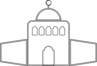 تصميم لمبنى مساجد باللون الاسود على خلفية بيضاء للاستخدام للتعليم والتلوين، رسوم و ديكورات اسلامية رمضانية, مفهوم العبادة و التقرب الى الله, الصلاة في المسجد, فيكتور اليستريتور