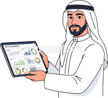 Attention to elegance and appearance, an Arab Gulf Saudi man wearing traditional attire looking at the camera with gestures of self-confidence and masculinity holding a tablet to follow up on work, white background, vector illustration.