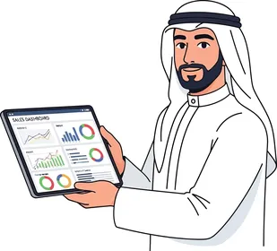 Attention to elegance and appearance, an Arab Gulf Saudi man wearing traditional attire looking at the camera with gestures of self-confidence and masculinity holding a tablet to follow up on work, white background, vector illustration.