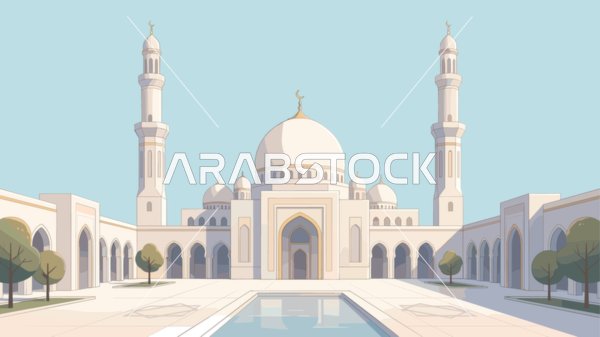 Design for a mosque with domes and minarets, distinctive Islamic drawings and decorations during the blessed month of Ramadan, the concept of worship and drawing closer to God, the joy of the arrival of the month of goodness, vector illustrator.