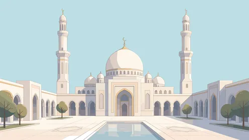 Design for a mosque with domes and minarets, distinctive Islamic drawings and decorations during the blessed month of Ramadan, the concept of worship and drawing closer to God, the joy of the arrival of the month of goodness, vector illustrator.
