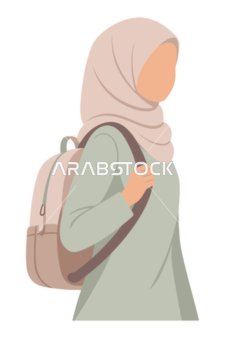 مفهوم الحياء والحشمة،  الاناقة والاهتمام بالمظهر الخارجي, امرأة عربيه خليجية سعودية ترتدي الحجاب وتحمل حقيبة ظهر، خلفية بيضاء، فيكتور اليستريتور