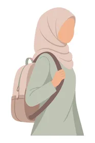 مفهوم الحياء والحشمة،  الاناقة والاهتمام بالمظهر الخارجي, امرأة عربيه خليجية سعودية ترتدي الحجاب وتحمل حقيبة ظهر، خلفية بيضاء، فيكتور اليستريتور