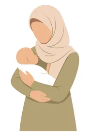 The concept of affection and tenderness, elegance and attention to appearance, a Gulf Arab Saudi mother wearing a hijab and holding her baby, white background, vector illustration.