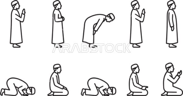 أيقونات الدين الإسلامي, مفهوم العبادة والتقرب الى الله تعالى, طريقة الصلاة الإسلامية, خلفية بيضاء, فيكتور اليستريتور