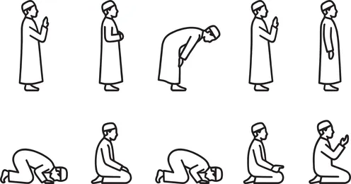 أيقونات الدين الإسلامي, مفهوم العبادة والتقرب الى الله تعالى, طريقة الصلاة الإسلامية, خلفية بيضاء, فيكتور اليستريتور