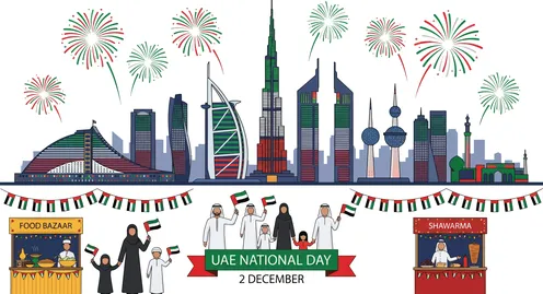 رسوم وتصاميم ملونة، مجموعة من أيقونات الاحتفال باليوم الوطني الاماراتي، عبارات ونصوص باللغة العربية، خلفية بيضاء، فيكتور اليستريتور