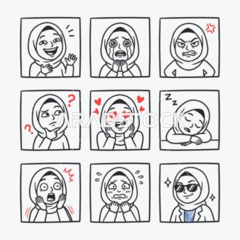 Black line drawings and designs, a collection of icons of a veiled woman, expressing emotions and feelings, white background, vector illustration.