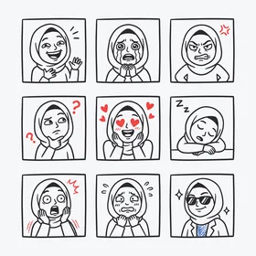 Black line drawings and designs, a collection of icons of a veiled woman, expressing emotions and feelings, white background, vector illustration.