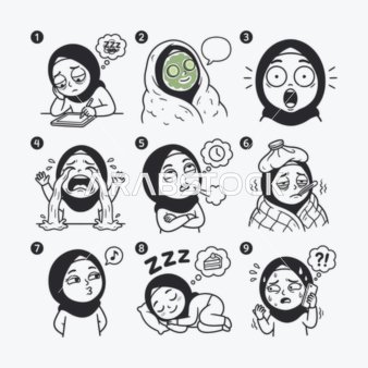 Black line drawings and designs, a collection of icons of a veiled woman, expressing emotions and feelings, white background, vector illustration.