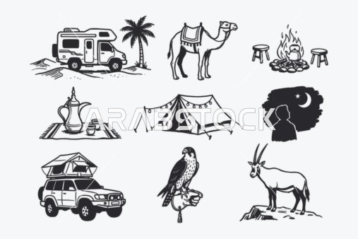 ايقونات اسلامية خطية ، مجموعة من الايقونات الاسلامية  التي تشمل (الصلاه ، العبادة ، قراءه القرآن ، المسجد ، البوصلة، الدعاء) ، مجموعة ايقونات خطية، فيكتور اليستريتور