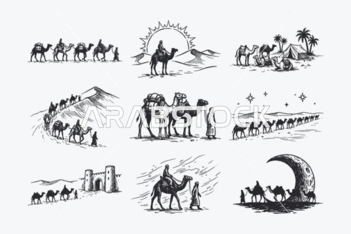 Islamic line icons, a collection of Islamic icons that include (prayer, worship, reading the Quran, mosque, compass, supplication), a set of line icons, vector illustrator.