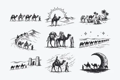 Islamic line icons, a collection of Islamic icons that include (prayer, worship, reading the Quran, mosque, compass, supplication), a set of line icons, vector illustrator.