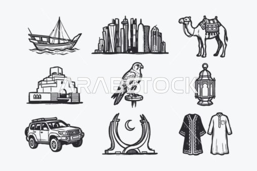 Islamic line icons, a collection of Islamic icons that include (prayer, worship, reading the Quran, mosque, compass, supplication), a set of line icons, vector illustrator.