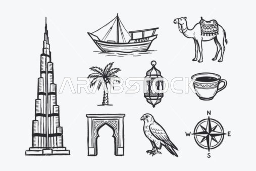 ايقونات اسلامية خطية ، مجموعة من الايقونات الاسلامية  التي تشمل (الصلاه ، العبادة ، قراءه القرآن ، المسجد ، البوصلة، الدعاء) ، مجموعة ايقونات خطية، فيكتور اليستريتور