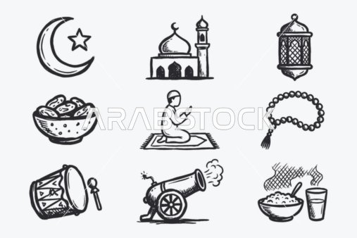 Islamic line icons, a collection of Islamic icons that include (prayer, worship, reading the Quran, mosque, compass, supplication), a set of line icons, vector illustrator.