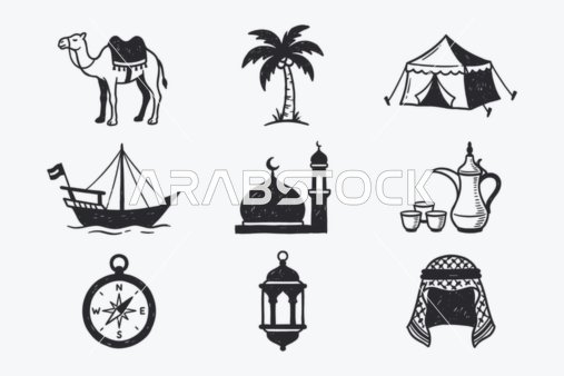 Islamic line icons, a collection of Islamic icons that include (prayer, worship, reading the Quran, mosque, compass, supplication), a set of line icons, vector illustrator.