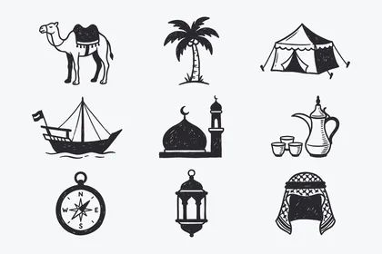 Islamic line icons, a collection of Islamic icons that include (prayer, worship, reading the Quran, mosque, compass, supplication), a set of line icons, vector illustrator.