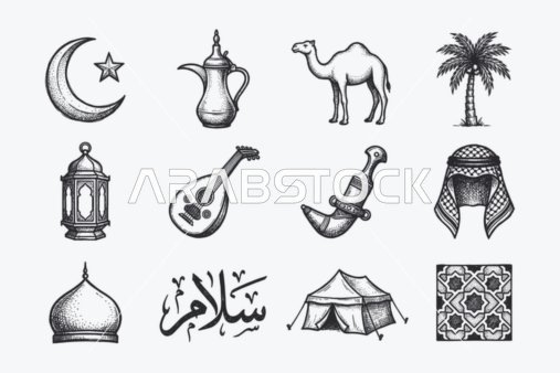 ايقونات اسلامية خطية ، مجموعة من الايقونات الاسلامية  التي تشمل (الصلاه ، العبادة ، قراءه القرآن ، المسجد ، البوصلة، الدعاء) ، مجموعة ايقونات خطية، فيكتور اليستريتور