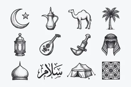 Islamic line icons, a collection of Islamic icons that include (prayer, worship, reading the Quran, mosque, compass, supplication), a set of line icons, vector illustrator.