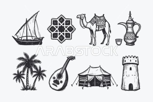 ايقونات اسلامية خطية ، مجموعة من الايقونات الاسلامية  التي تشمل (الصلاه ، العبادة ، قراءه القرآن ، المسجد ، البوصلة، الدعاء) ، مجموعة ايقونات خطية، فيكتور اليستريتور