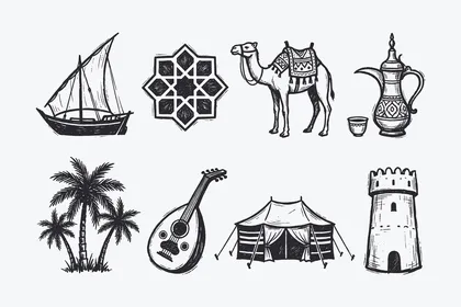 Islamic line icons, a collection of Islamic icons that include (prayer, worship, reading the Quran, mosque, compass, supplication), a set of line icons, vector illustrator.