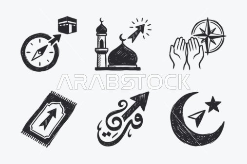 ايقونات اسلامية خطية ، مجموعة من الايقونات الاسلامية  التي تشمل (الصلاه ، العبادة ، قراءه القرآن ، المسجد ، البوصلة، الدعاء) ، مجموعة ايقونات خطية، فيكتور اليستريتور