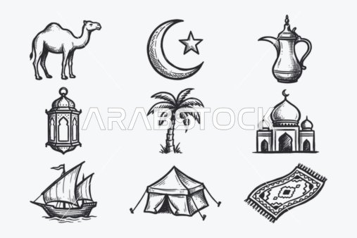 Islamic line icons, a collection of Islamic icons that include (prayer, worship, reading the Quran, mosque, compass, supplication), a set of line icons, vector illustrator.