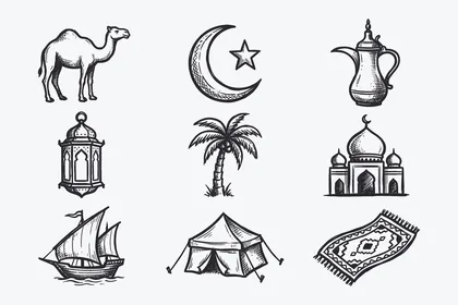 ايقونات اسلامية خطية ، مجموعة من الايقونات الاسلامية  التي تشمل (الصلاه ، العبادة ، قراءه القرآن ، المسجد ، البوصلة، الدعاء) ، مجموعة ايقونات خطية، فيكتور اليستريتور