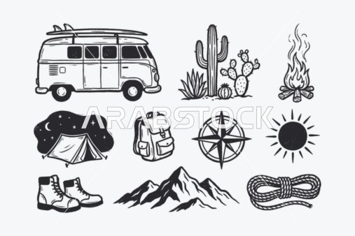 ايقونات خطية ، مجموعة من ايقونات السفر والترحال باللون الاسود، مجموعة ايقونات خطية، فيكتور اليستريتور