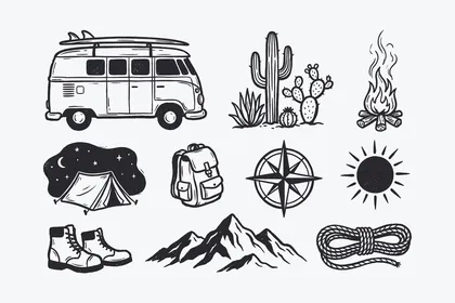 Linear icons, a set of travel and journey icons in black, a set of linear icons, vector illustrator.