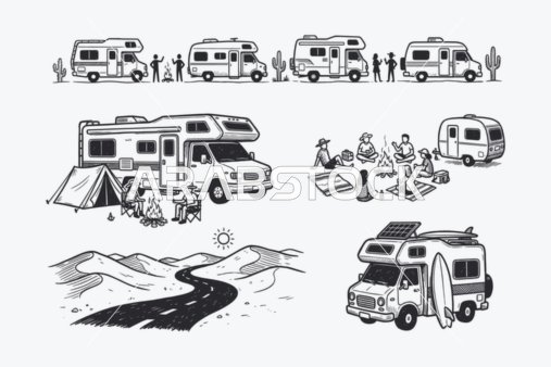 ايقونات خطية ، مجموعة من ايقونات السفر والترحال باللون الاسود، مجموعة ايقونات خطية، فيكتور اليستريتور