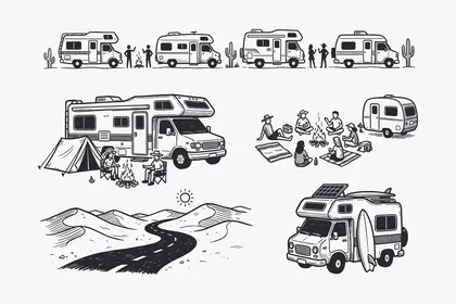 ايقونات خطية ، مجموعة من ايقونات السفر والترحال باللون الاسود، مجموعة ايقونات خطية، فيكتور اليستريتور