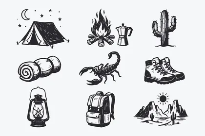 Linear icons, a set of travel and journey icons in black, a set of linear icons, vector illustrator.