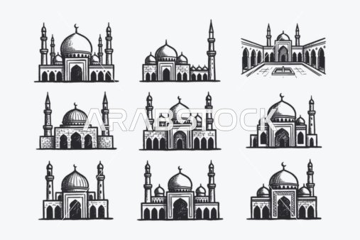 ايقونة اسلامية خطية ، مجموعة من ايقونات تصميم مسجد اسلامي باللون الاسود، اداء العبادة والتقرب من الله، فيكتور اليستريتور