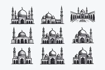 Islamic calligraphic icon, a collection of icons for designing an Islamic mosque in black, performing worship and getting closer to God, vector illustration.