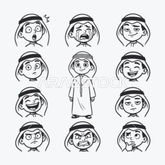 ايقونة شخصيات خطية ، مجموعة من ايقونات ولد عربي خليجي سعودي باللون الاسود، ارتداء الزي التقليدي، اظهار مشاعر متنوعة، فيكتور اليستريتور