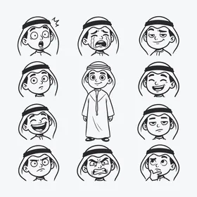 ايقونة شخصيات خطية ، مجموعة من ايقونات ولد عربي خليجي سعودي باللون الاسود، ارتداء الزي التقليدي، اظهار مشاعر متنوعة، فيكتور اليستريتور