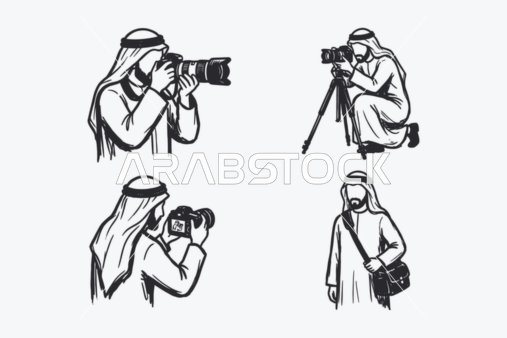 Icon of linear characters, a collection of icons of a Gulf Arab Saudi male photographer in black doing professional photography, wearing traditional attire, vector illustrator.